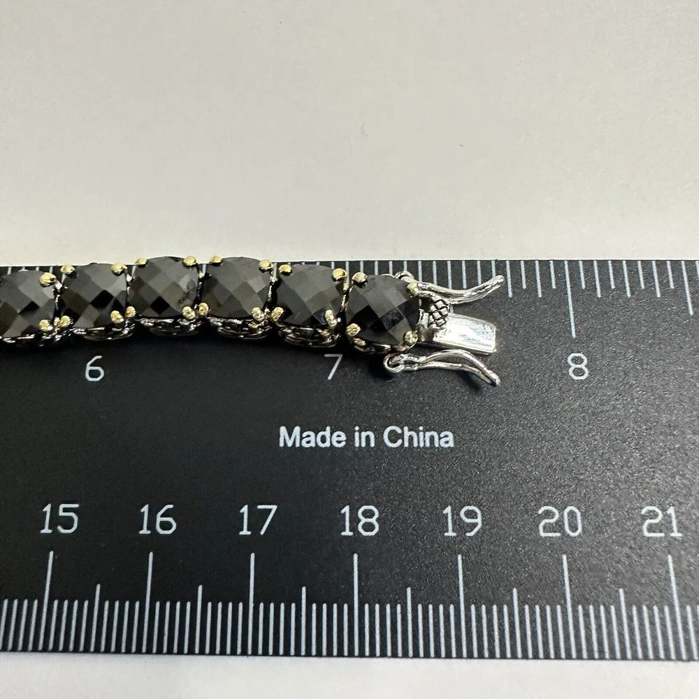 Bracelet Black Faceted Tennis Style Two Toned Safety Clasp IJDI China 925 Marked - Picture 13 of 13